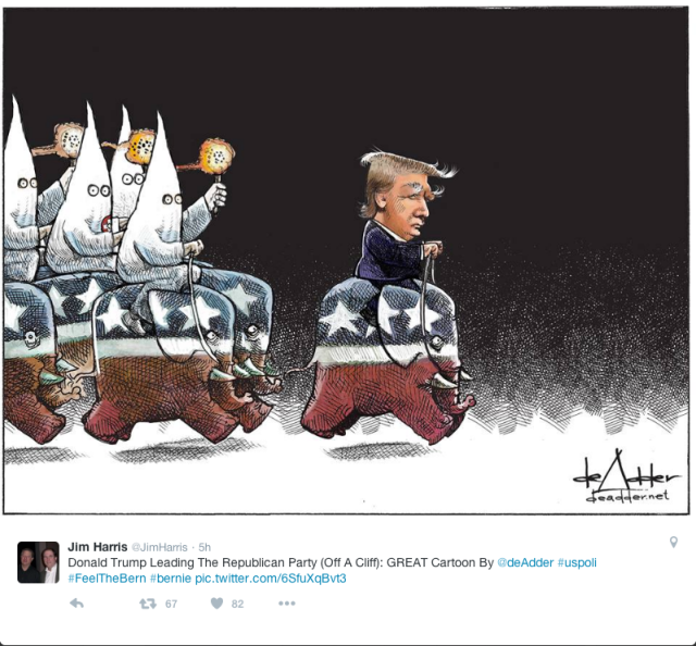 Cartoon of Donald J Trump riding an elephant, leading a charge of KKK dissguised white sheeted guys riding elephants behind him.