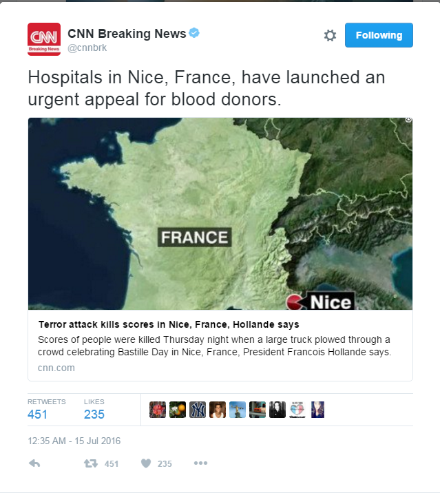 Map of France and Headline asking for blood donors.